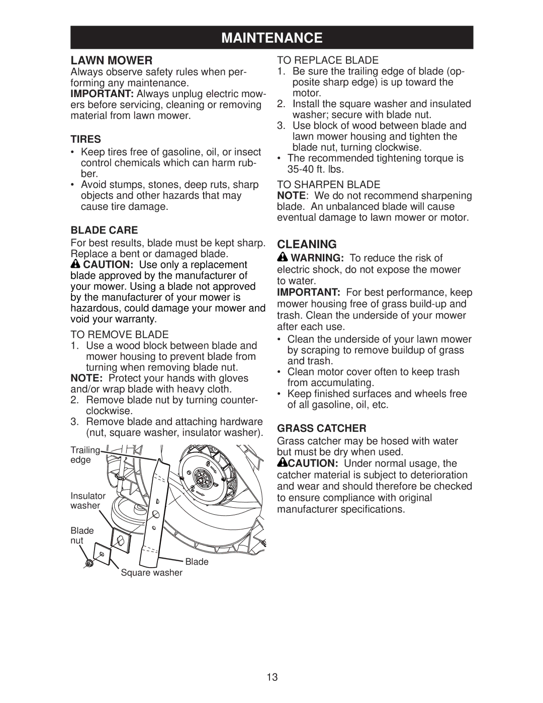 Weed Eater 96132006300, WE20C, 438184 manual Lawn Mower, Cleaning, Tires, Blade Care, Grass Catcher 