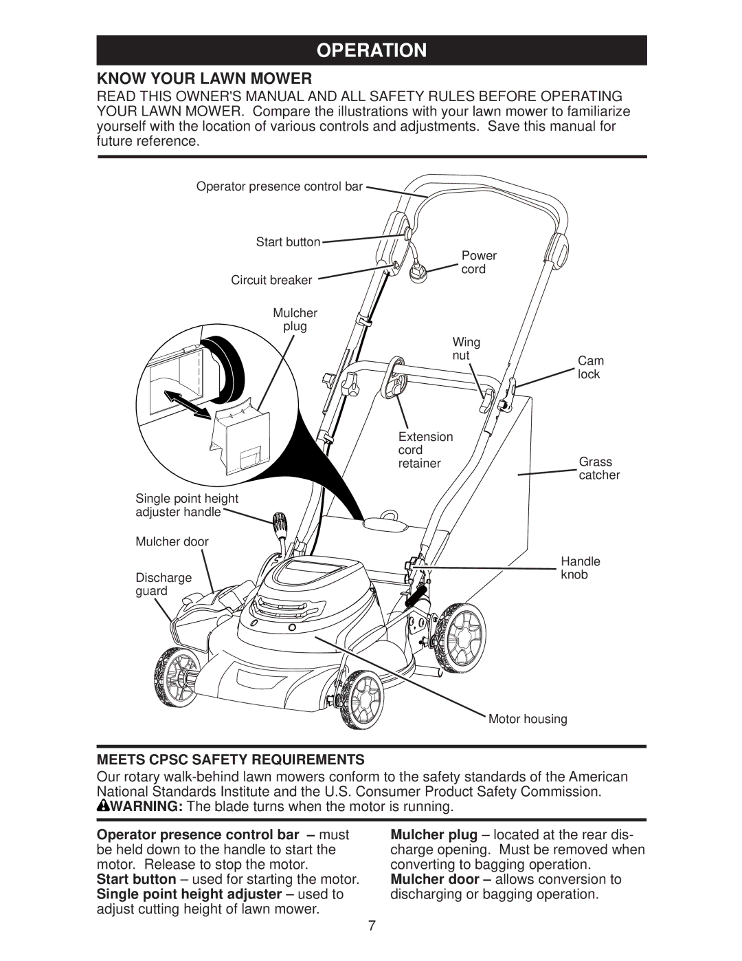 Weed Eater 96132006300, WE20C, 438184 manual Operation, Know Your Lawn Mower, Meets Cpsc Safety Requirements 