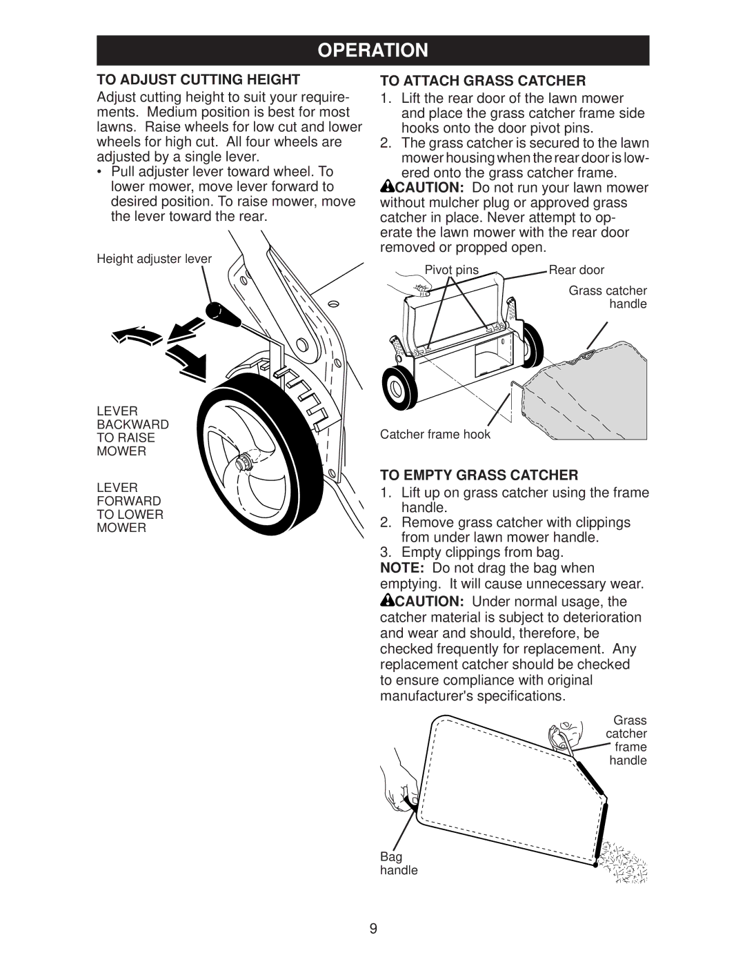 Weed Eater WE20C, 96132006300, 438184 manual To Adjust Cutting Height, To Attach Grass Catcher, To Empty Grass Catcher 