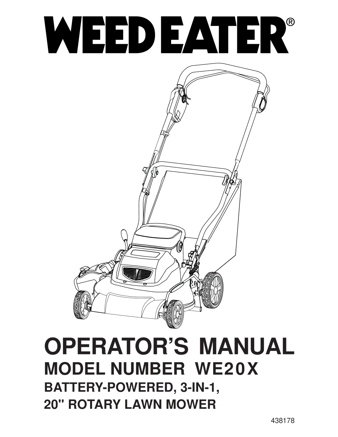 Weed Eater 438178, WE20X, 96132005800 manual OPERATOR’S Manual 