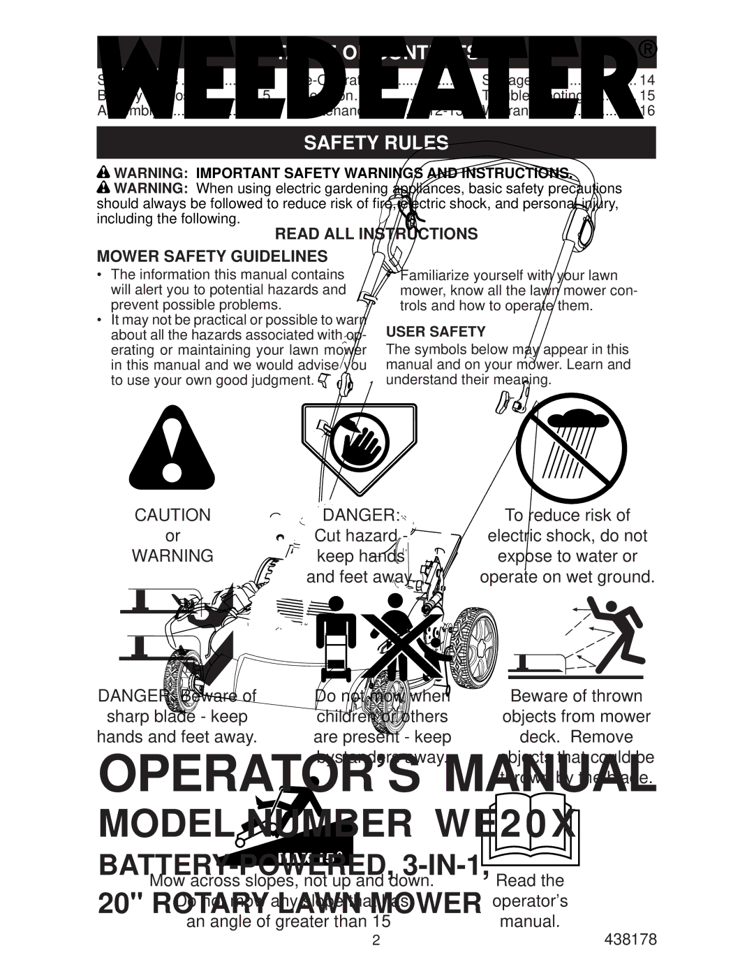 Weed Eater 96132005800, WE20X, 438178 manual Table of Contents, Safety Rules 