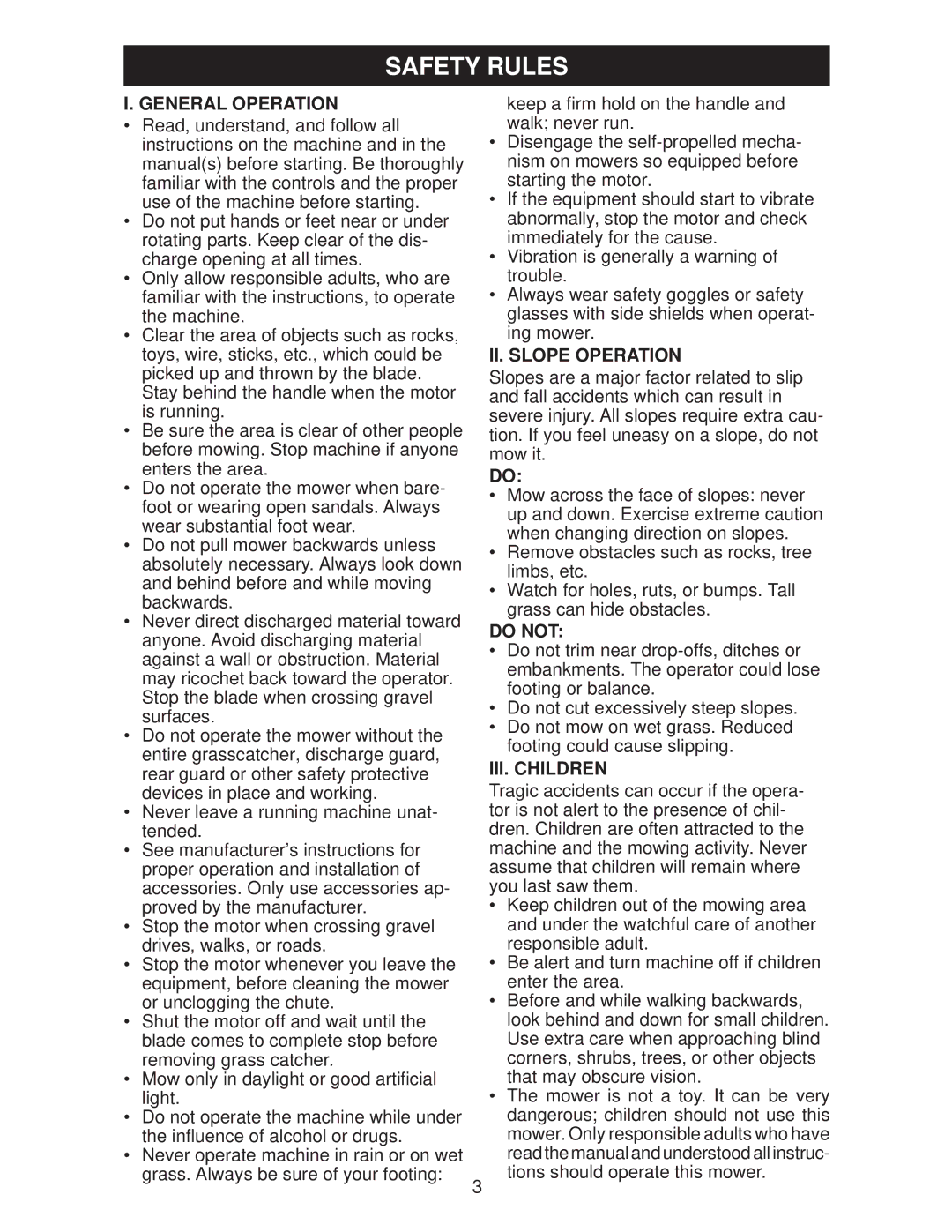 Weed Eater WE20X, 438178, 96132005800 manual General Operation, II. Slope Operation, Do not, III. Children 