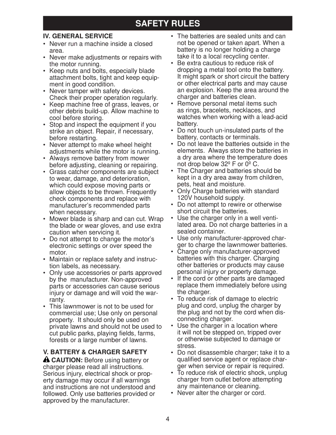 Weed Eater 438178, WE20X, 96132005800 manual IV. General Service, Battery & Charger Safety 