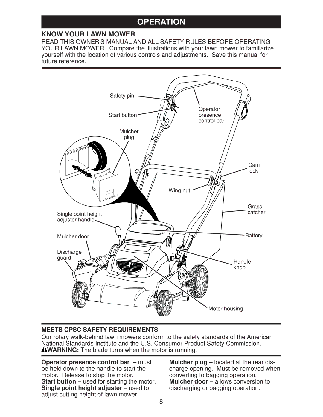 Weed Eater 96132005800, WE20X, 438178 manual Operation, Know Your Lawn Mower, Meets Cpsc Safety Requirements 