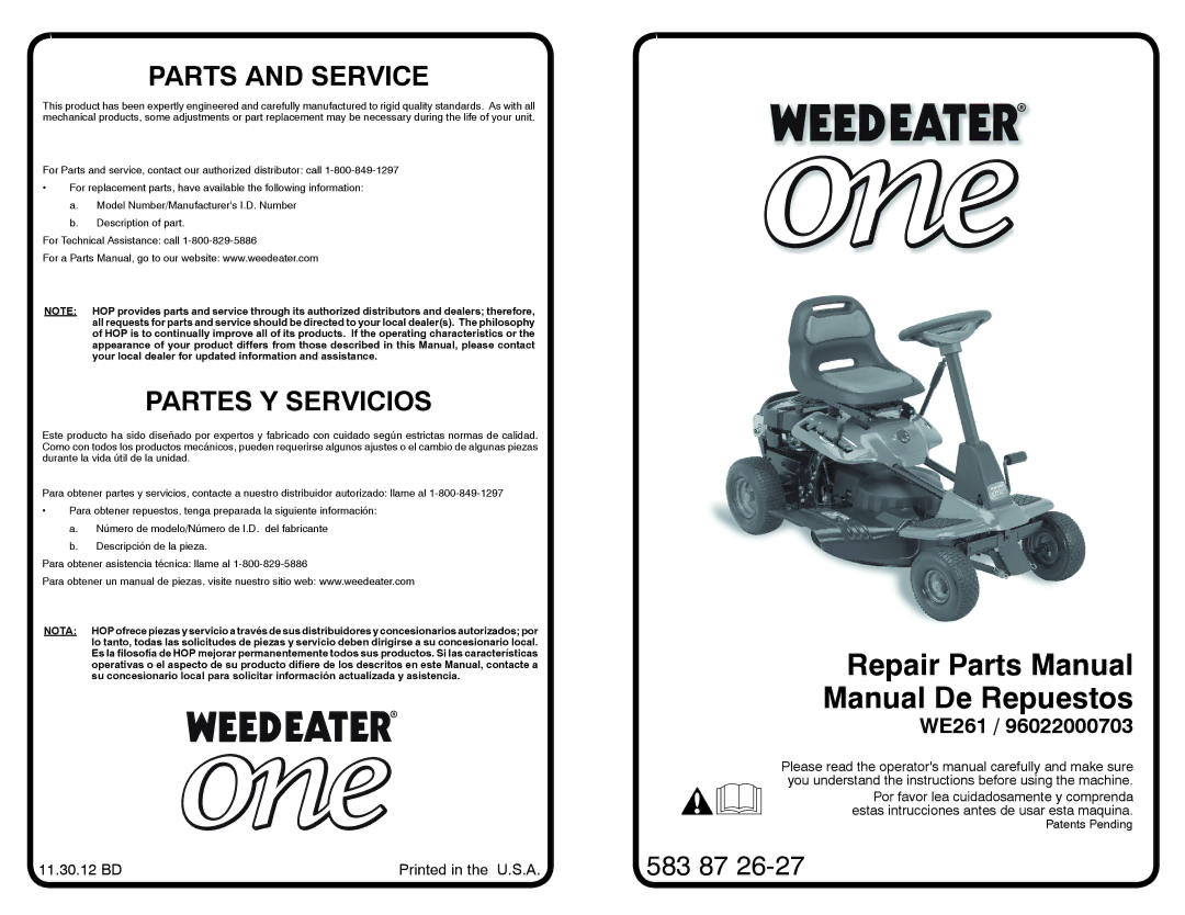 Weed Eater WE261 / 96022000703 manual Repair Parts Manual Manual De Repuestos 