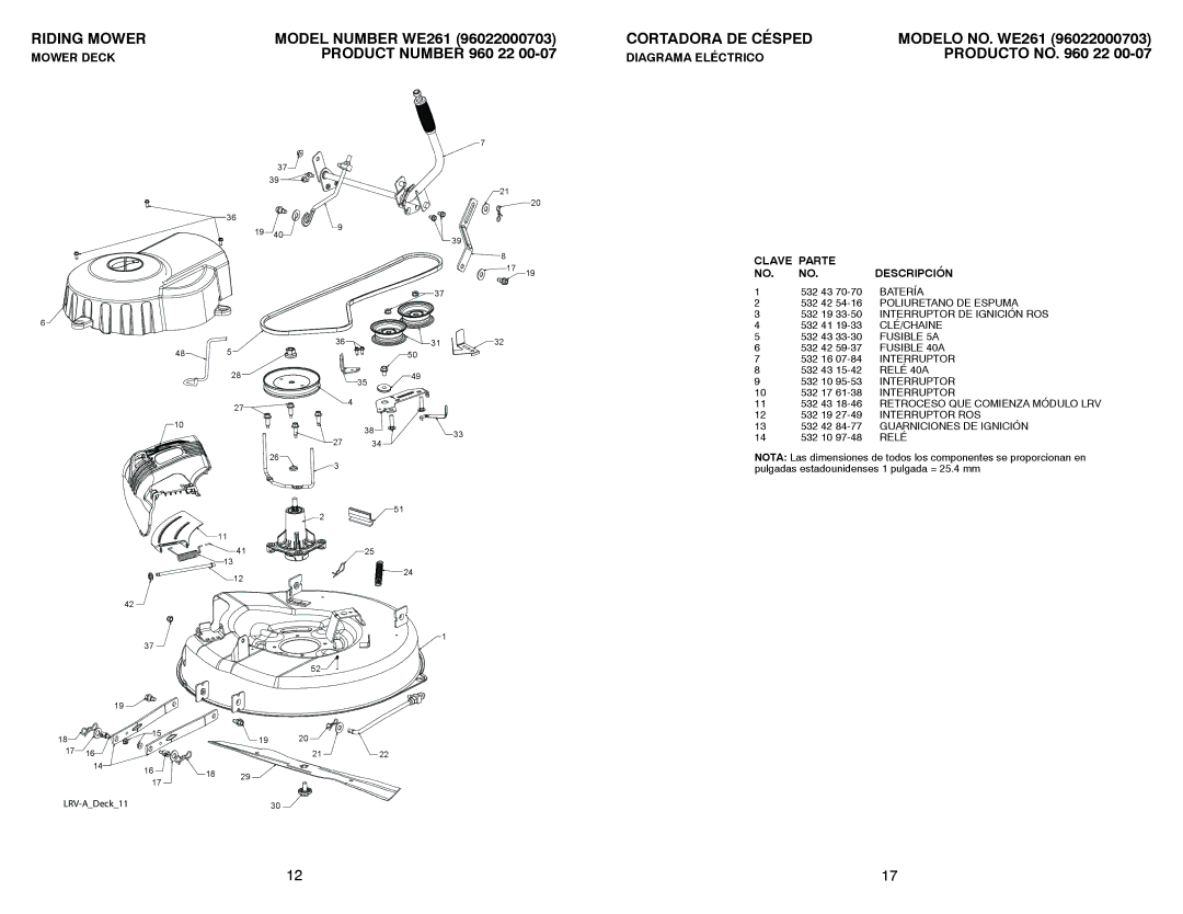 Weed Eater WE261 / 96022000703 manual Clé/Chaine, Fusible 5A, Fusible 40A, Interruptor, Relé 40A 