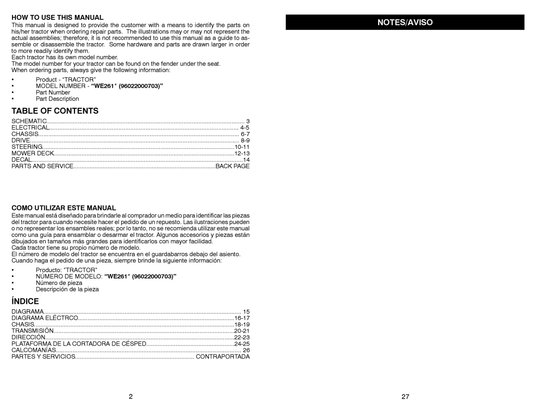 Weed Eater WE261 / 96022000703 manual Table of Contents 