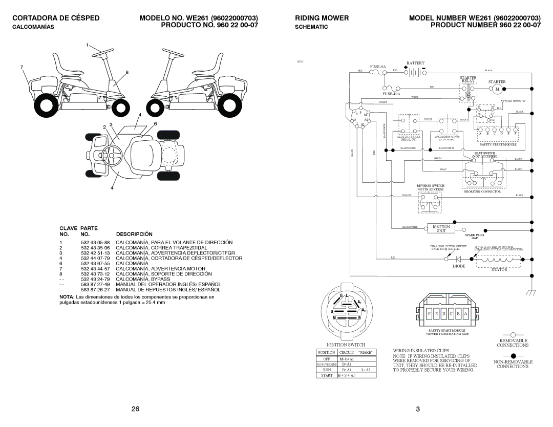 Weed Eater WE261 / 96022000703 manual Modelo NO. WE261, Producto no 22, Model Number WE261, Product Number 960 22 