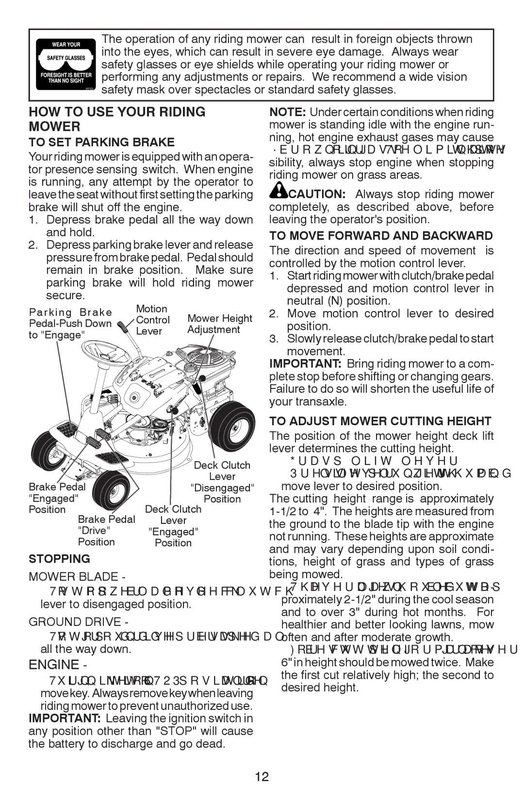 Weed Eater WE261, 96024000100 HOW to USE Your Riding Mower, To SET Parking Brake, Stopping, To Move Forward and Backward 