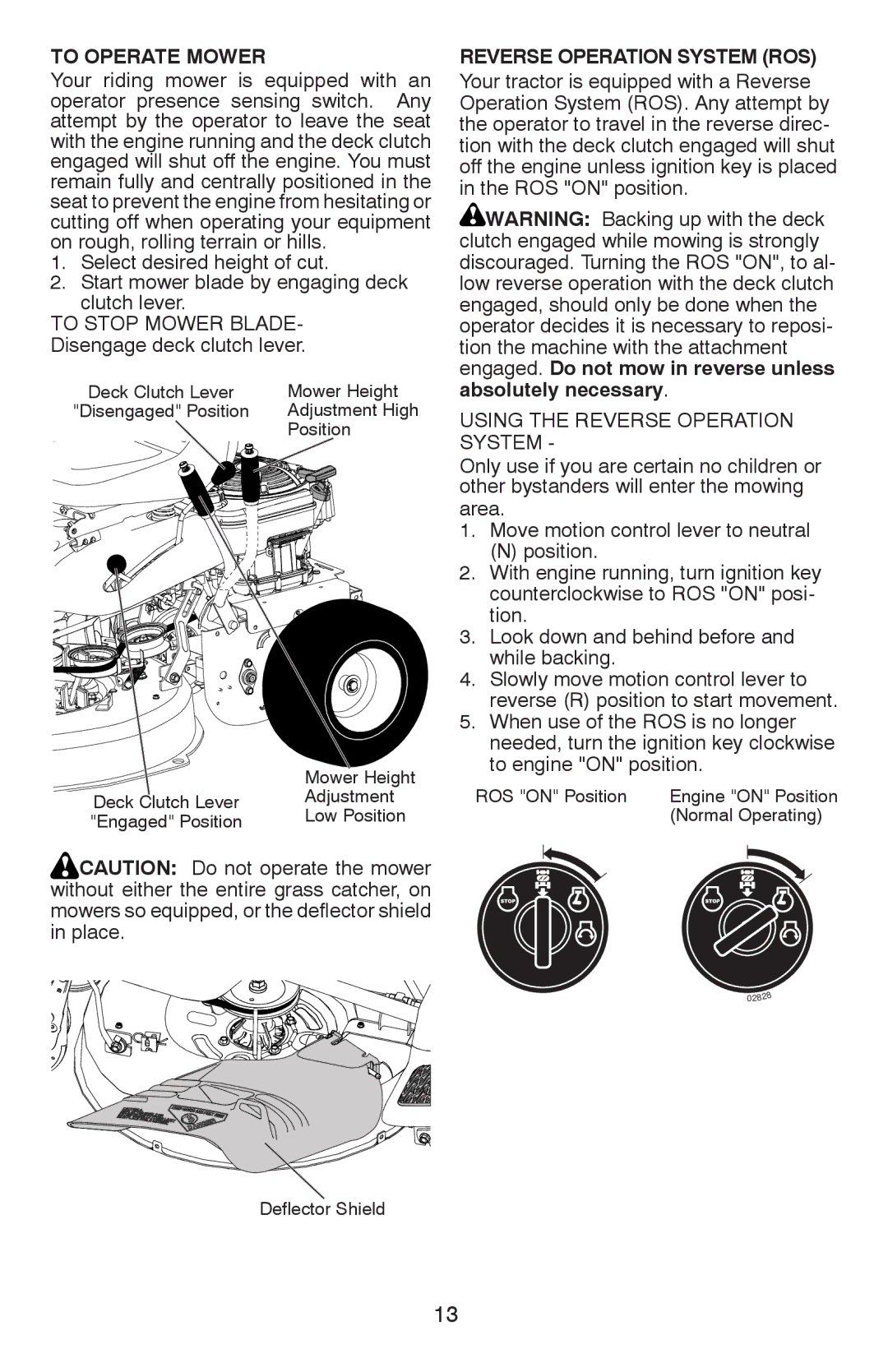 Weed Eater 96024000100 To Operate Mower, To Stop Mower Blade, Disengage deck clutch lever, Reverse Operation System ROS 