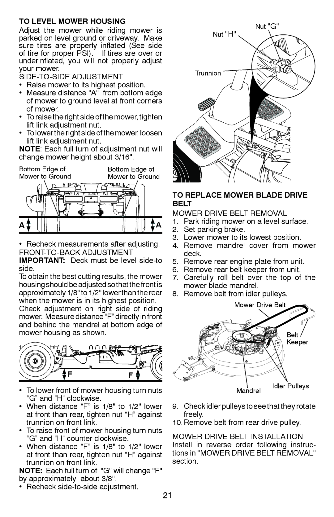 Weed Eater 96024000100 To Level Mower Housing, SIDE-TO-SIDE Adjustment, FRONT-TO-BACK Adjustment, Mower Drive Belt Removal 