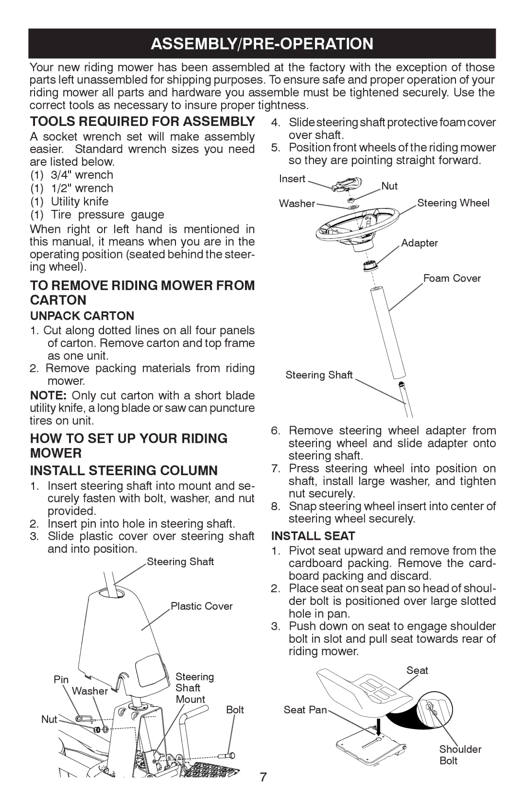 Weed Eater 96022000700, WE261 manual Assembly/Pre-Operation, Tools Required for Assembly, To Remove Riding Mower from Carton 