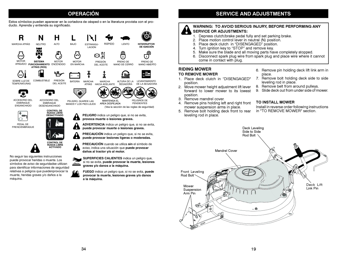 Weed Eater WE261 warranty Operación, Service and Adjustments, Riding Mower, To Remove Mower, To Install Mower 