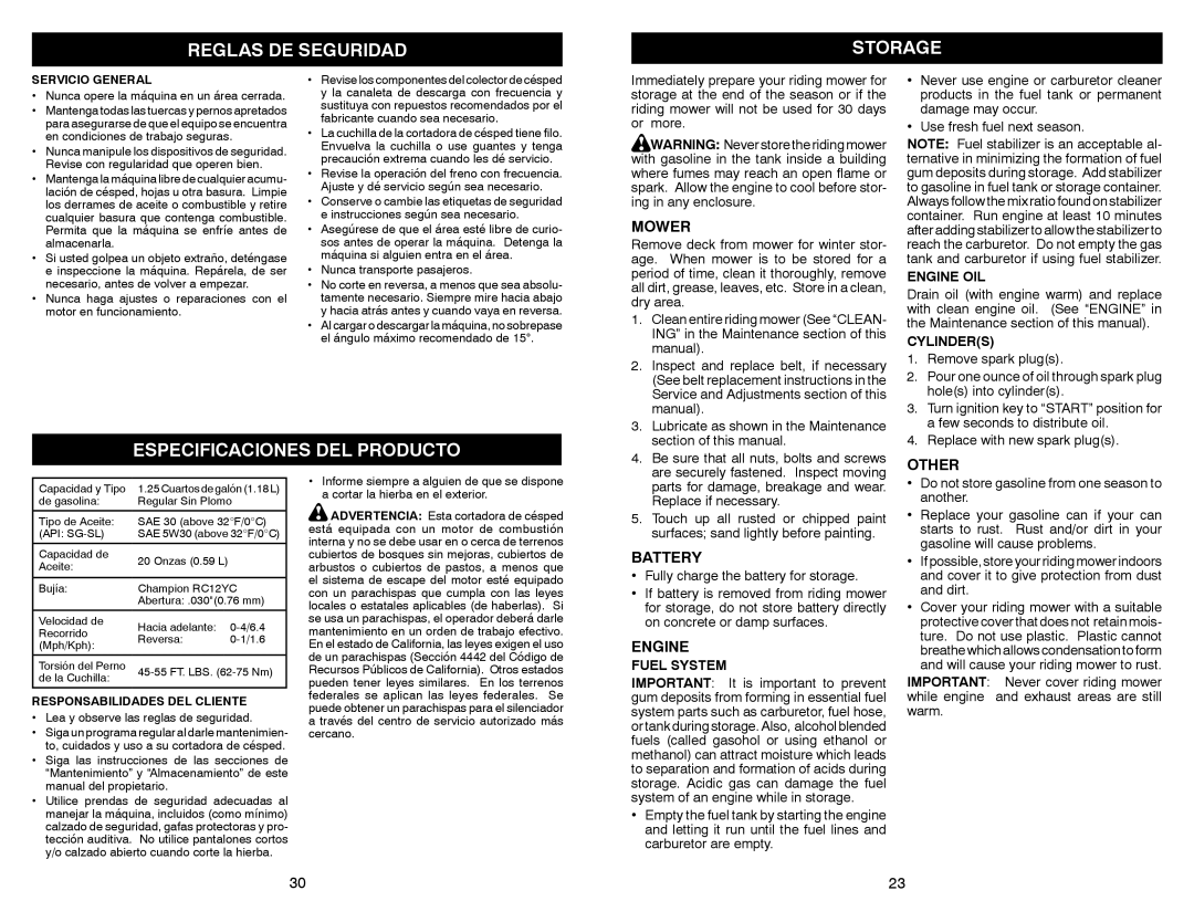 Weed Eater WE261 warranty Reglas DE Seguridad Storage, Especificaciones DEL Producto, Mower, Other, Battery 