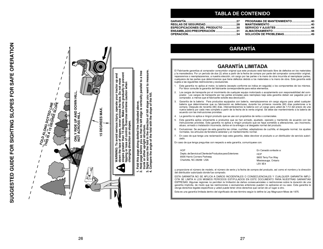 Weed Eater WE261 warranty Tabla DE Contenido, Garantía, Only Ride UP and Down HILL, not Across Hill Degrees MAX 