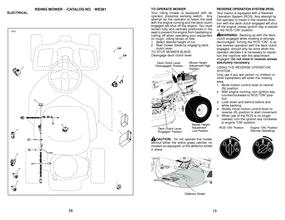 Weed Eater WE261 warranty To Operate Mower, To Stop Mower Blade, Disengage deck clutch lever, Reverse Operation System ROS 