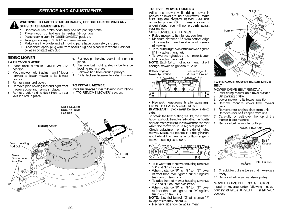 Weed Eater WE261 warranty Service and Adjustments, Riding Mower 