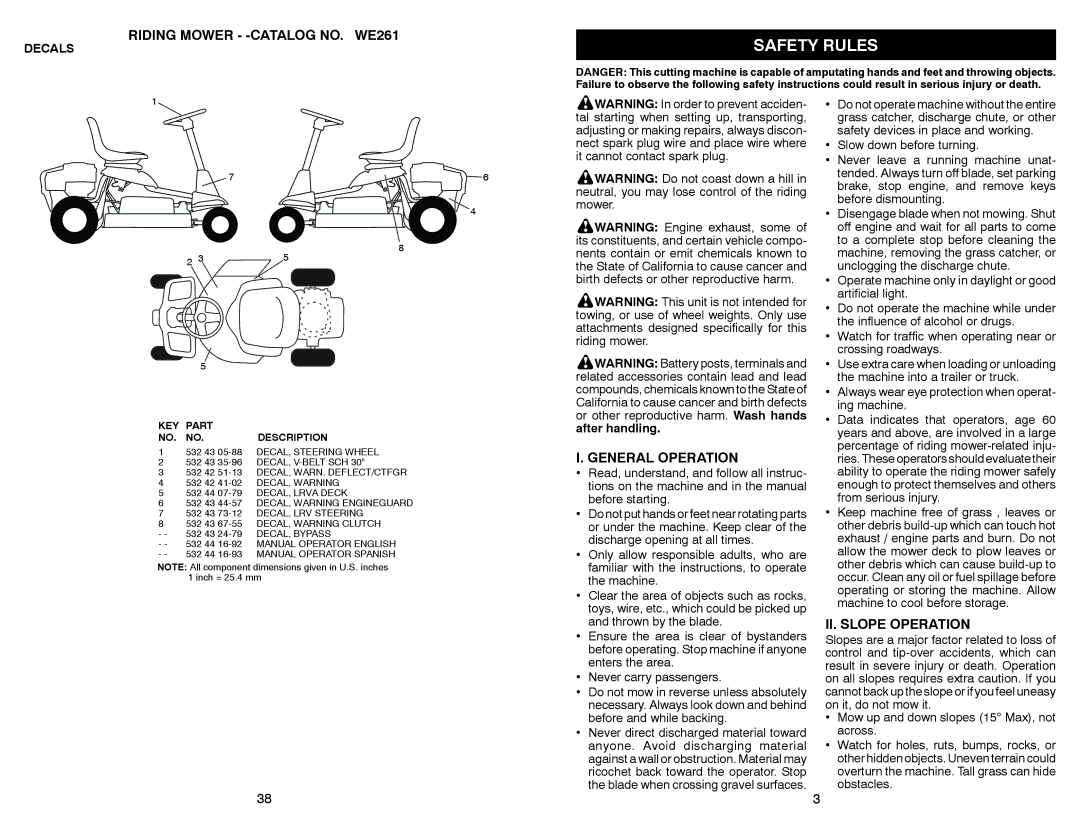 Weed Eater warranty Safety Rules, Riding Mower -CATALOG NO. WE261, General Operation, II. Slope Operation, Decals 