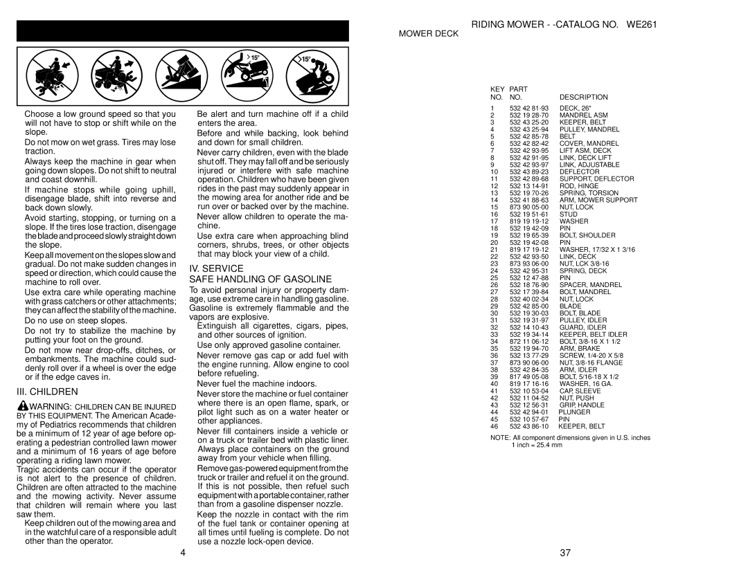 Weed Eater WE261 warranty III. Children, IV. Service Safe Handling of Gasoline, Mower Deck 