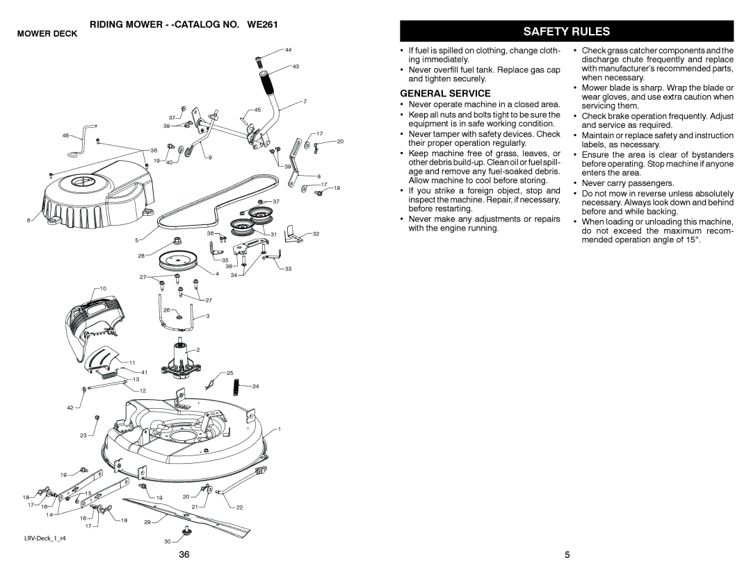 Weed Eater WE261 warranty General Service, Never operate machine in a closed area 