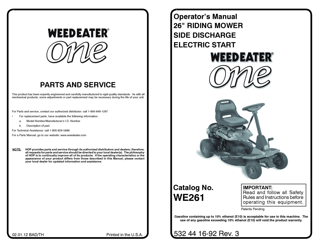 Weed Eater WE261 warranty 02.01.12 BAD/TH, Parts And Service, Catalog No, 532 44 16-92Rev 