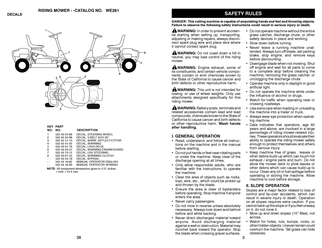 Weed Eater warranty Safety Rules, RIDING MOWER - -CATALOGNO. WE261, I. General Operation, Ii. Slope Operation 