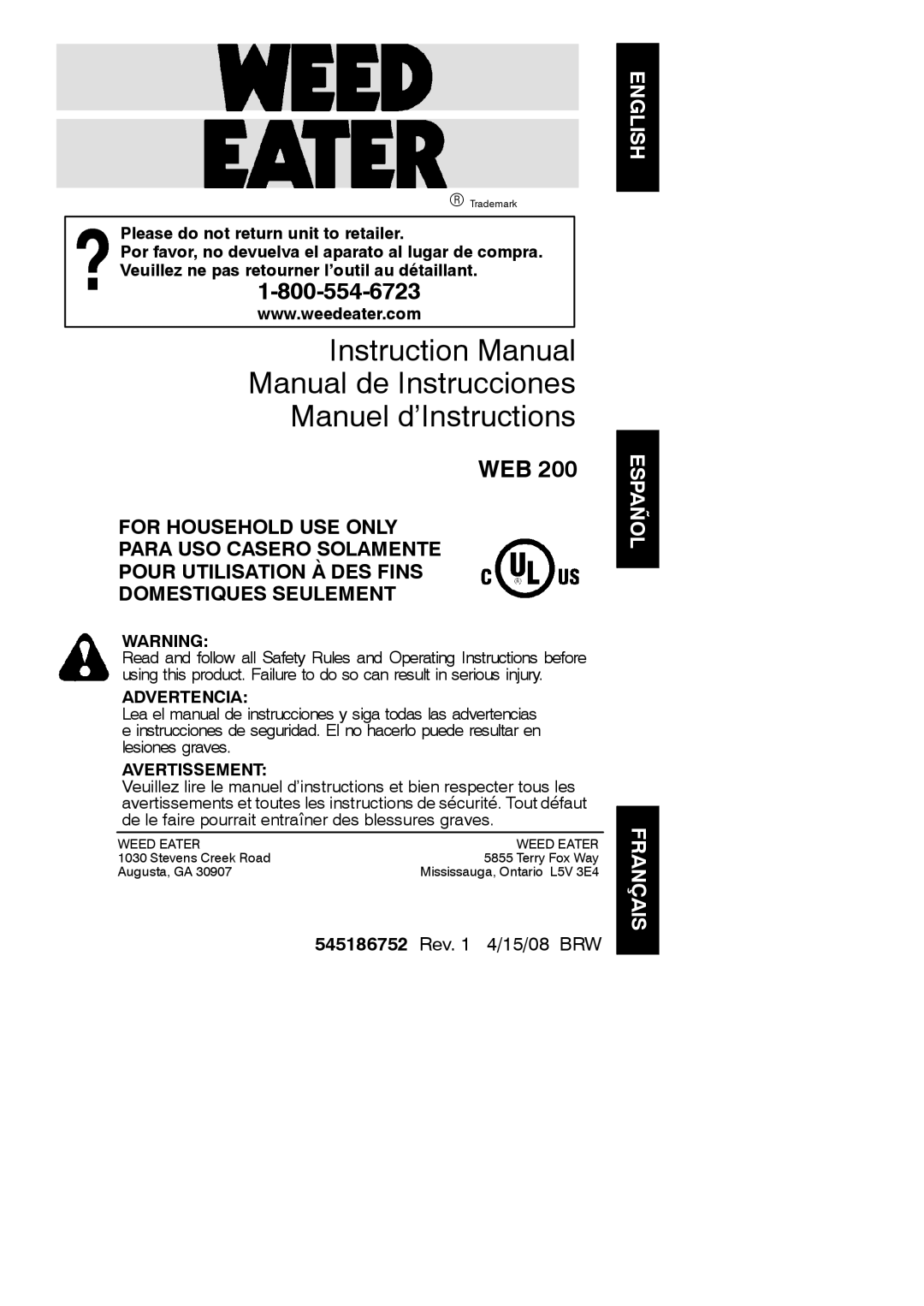 Weed Eater 545186752, WEB 200 instruction manual English Español Français, Advertencia, Avertissement 