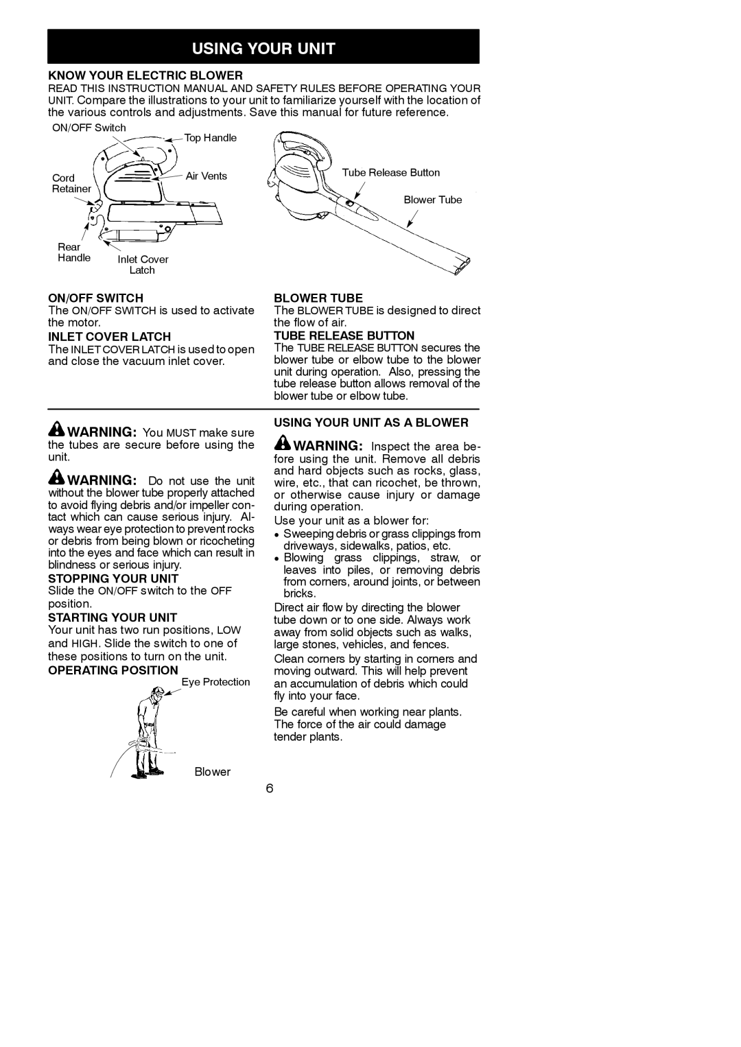 Weed Eater WEB 200, 545186752 instruction manual Using Your Unit 