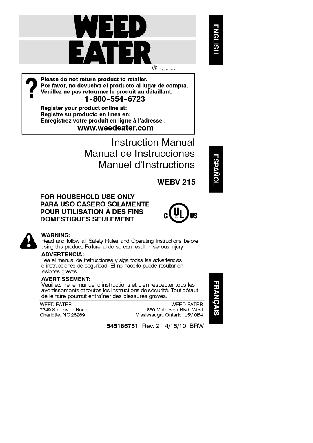 Weed Eater 952711837, WEBV 215, 545186751 instruction manual English Español Français, Advertencia, Avertissement 