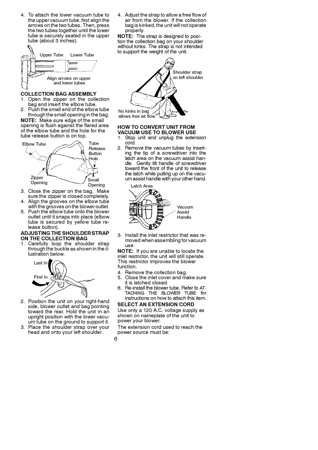 Weed Eater WEBV 215 Collection BAG Assembly, Adjusting the Shoulder Strap on the Collection BAG, Select AN Extension Cord 