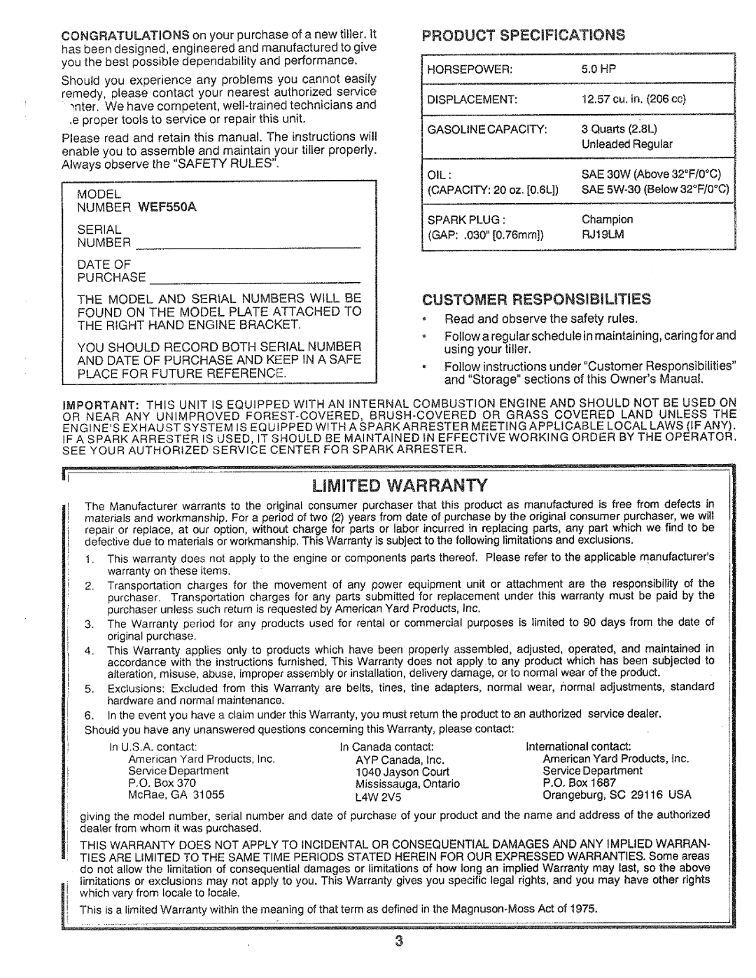 Weed Eater 011792, WEF550A manual 