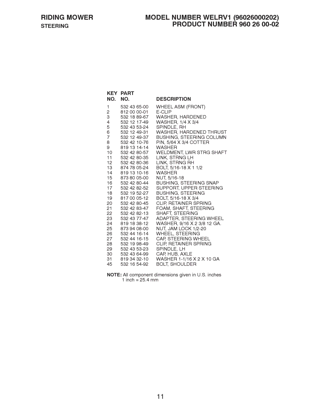 Weed Eater 96026000202 Wheel ASM Front, 17 532 42 82-52 SUPPORT, Upper Steering, 23 532 43 77-47 ADAPTER, Steering Wheel 