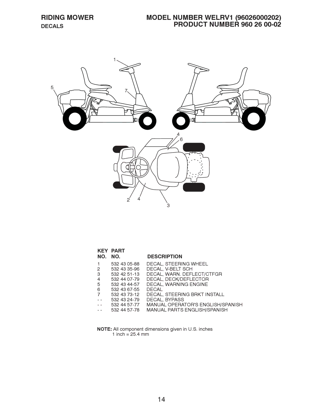 Weed Eater WELRV1 manual 532 42 51-13 DECAL, WARN. DEFLECT/CTFGR, 532 43 73-12 DECAL, Steering Brkt Install, DECAL, Bypass 