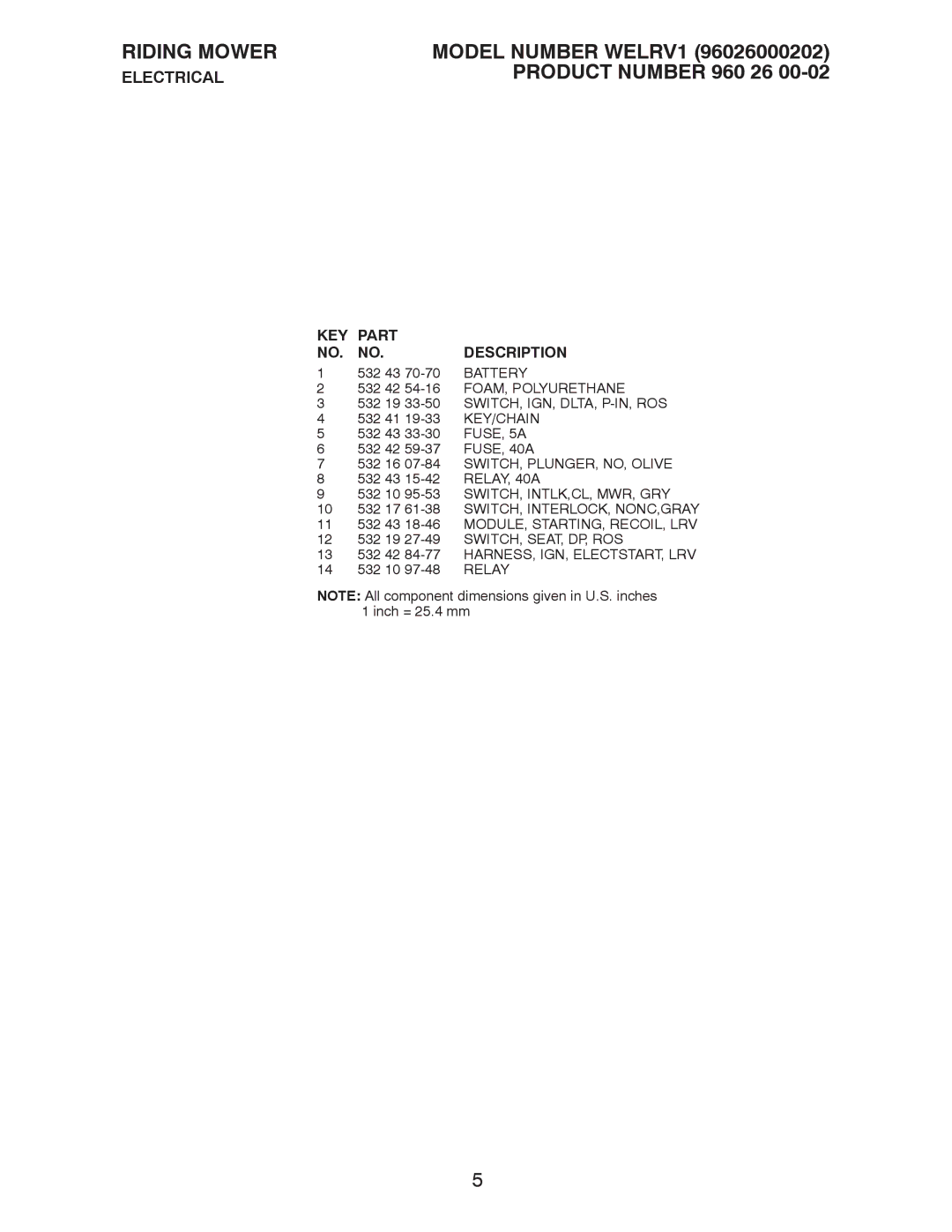 Weed Eater 96026000202, WELRV1 manual Key/Chain, FUSE, 5A, FUSE, 40A, 532 16 07-84 SWITCH, PLUNGER, NO, Olive, RELAY, 40A 