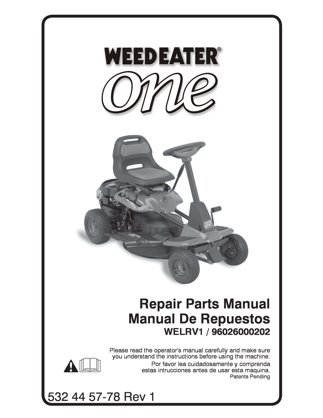 Weed Eater 96026000202 manual Repair Parts Manual Manual De Repuestos, 532 44 57-78 Rev, WELRV1 