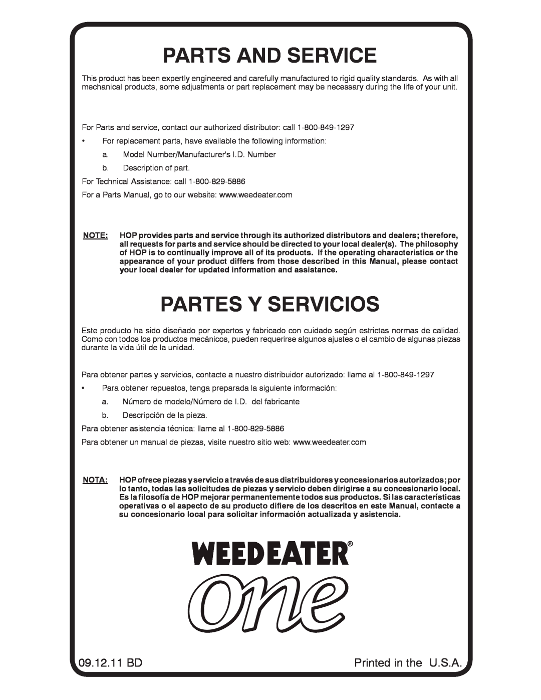 Weed Eater 96026000202, WELRV1 manual Parts And Service, Partes Y Servicios, 09.12.11 BD 