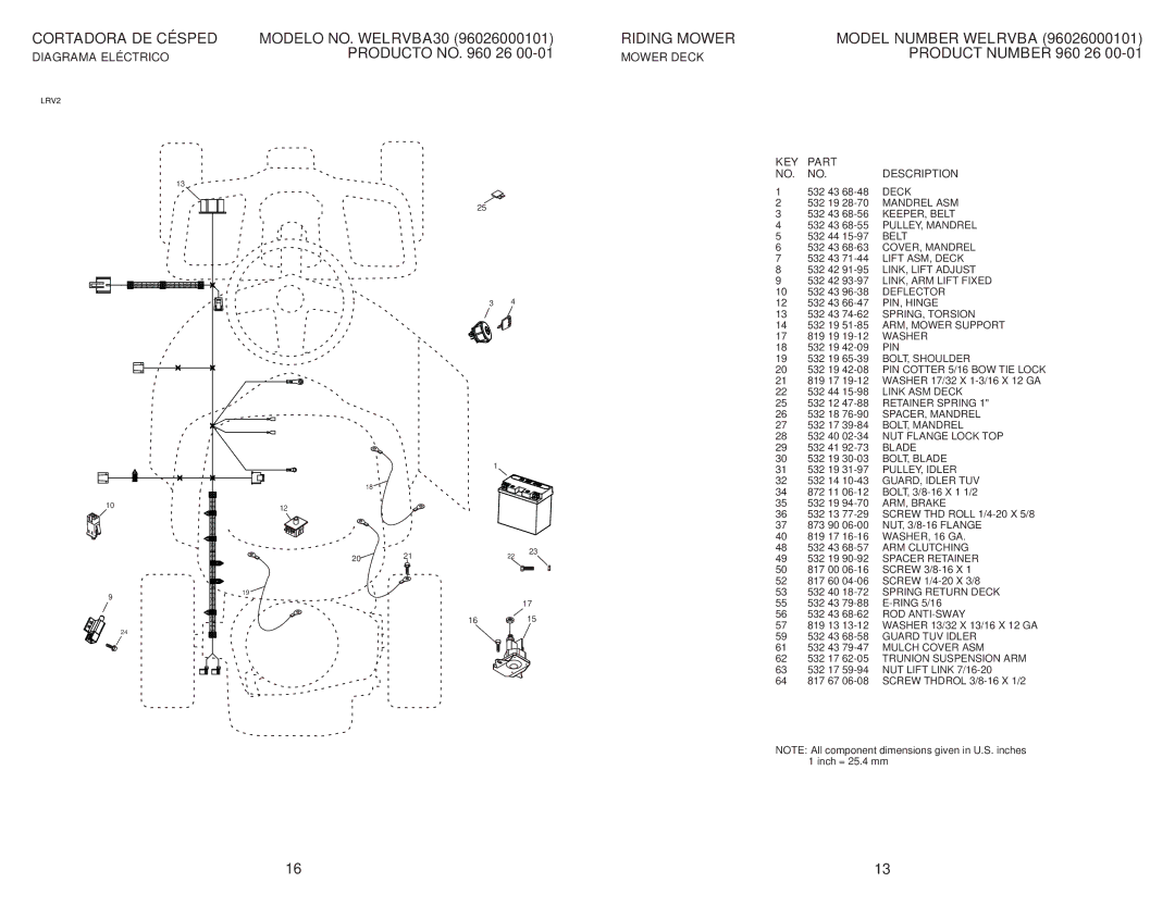 Weed Eater WELRVBA30 / 96026000101 Deck, Belt, Deflector, PIN, Hinge, Washer, BOLT, Blade, PULLEY, Idler, ARM, Brake 