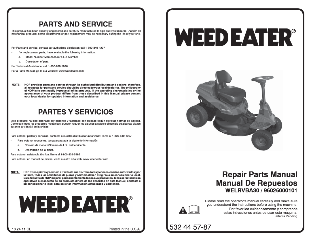 Weed Eater WELRVBA30 / 96026000101 manual Repair Parts Manual Manual De Repuestos, Parts And Service, Partes Y Servicios 
