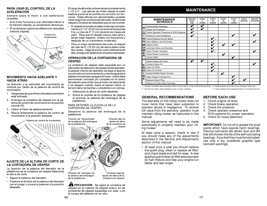 Weed Eater WELRVBA30 warranty Maintenance, General Recommendations, Before Each USE 