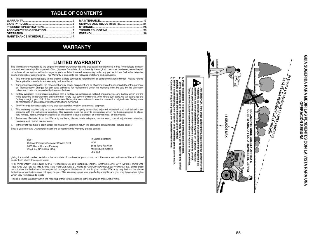 Weed Eater WELRVBA30 warranty Table of Contents, Warranty 