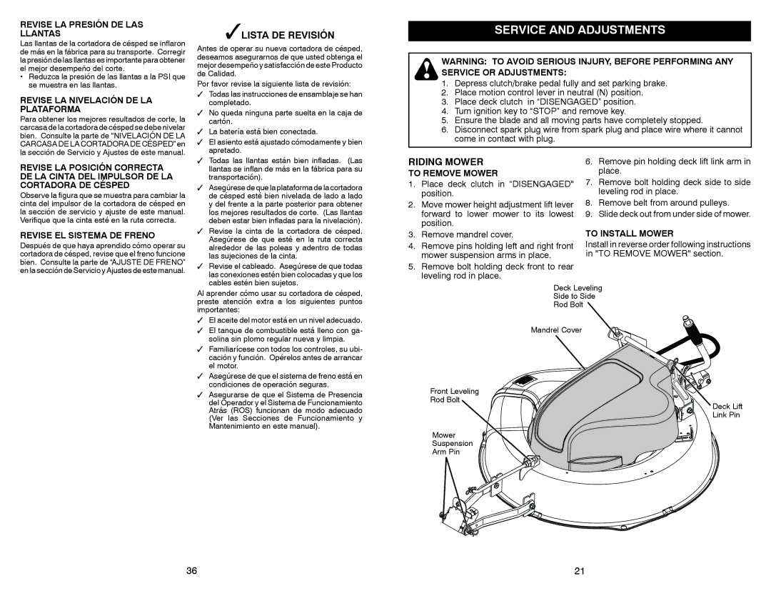 Weed Eater WELRVBA30 warranty Service and Adjustments, Lista DE Revisión, Riding Mower 