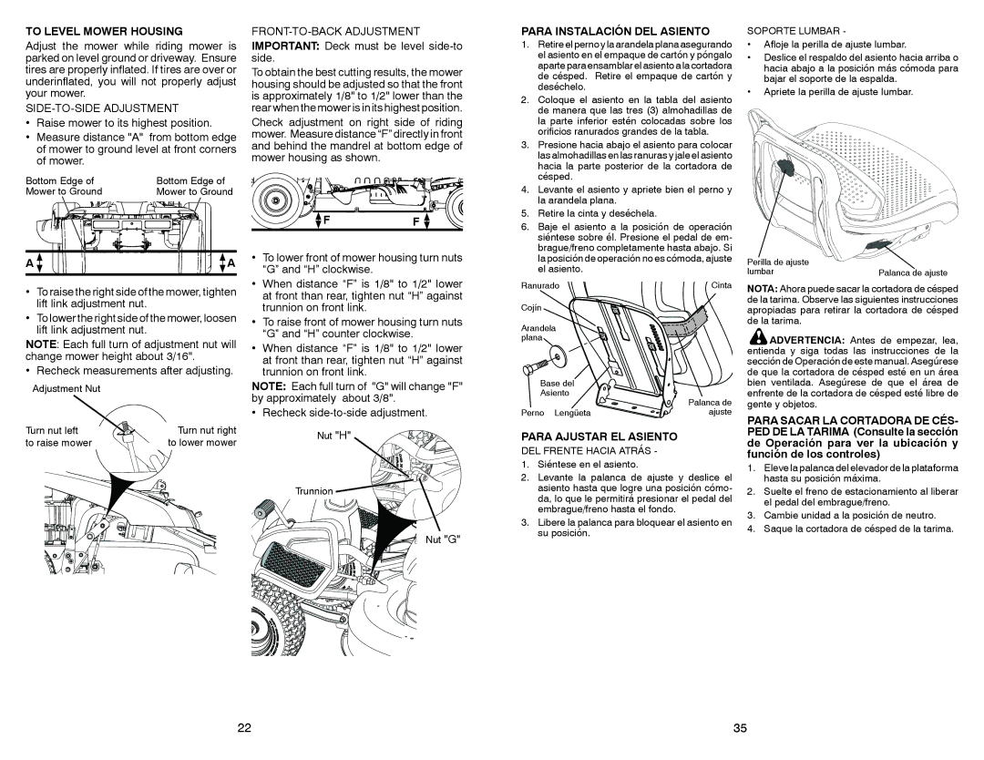 Weed Eater WELRVBA30 To Level Mower Housing, SIDE-TO-SIDE Adjustment, FRONT-TO-BACK Adjustment, Para Ajustar EL Asiento 