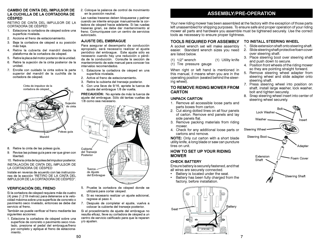 Weed Eater WELRVBA30 warranty Assembly/Pre-Operation, Tools Required for Assembly, To Remove Riding Mower from Carton 