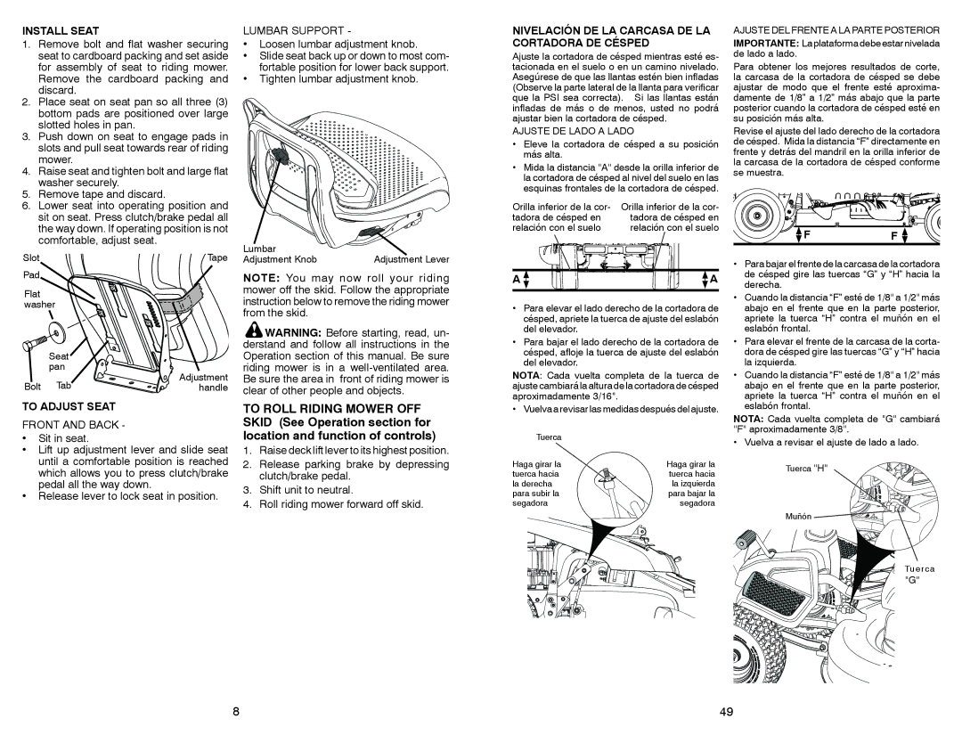 Weed Eater WELRVBA30 warranty Install Seat, To Adjust Seat, Front and Back, Lumbar Support 