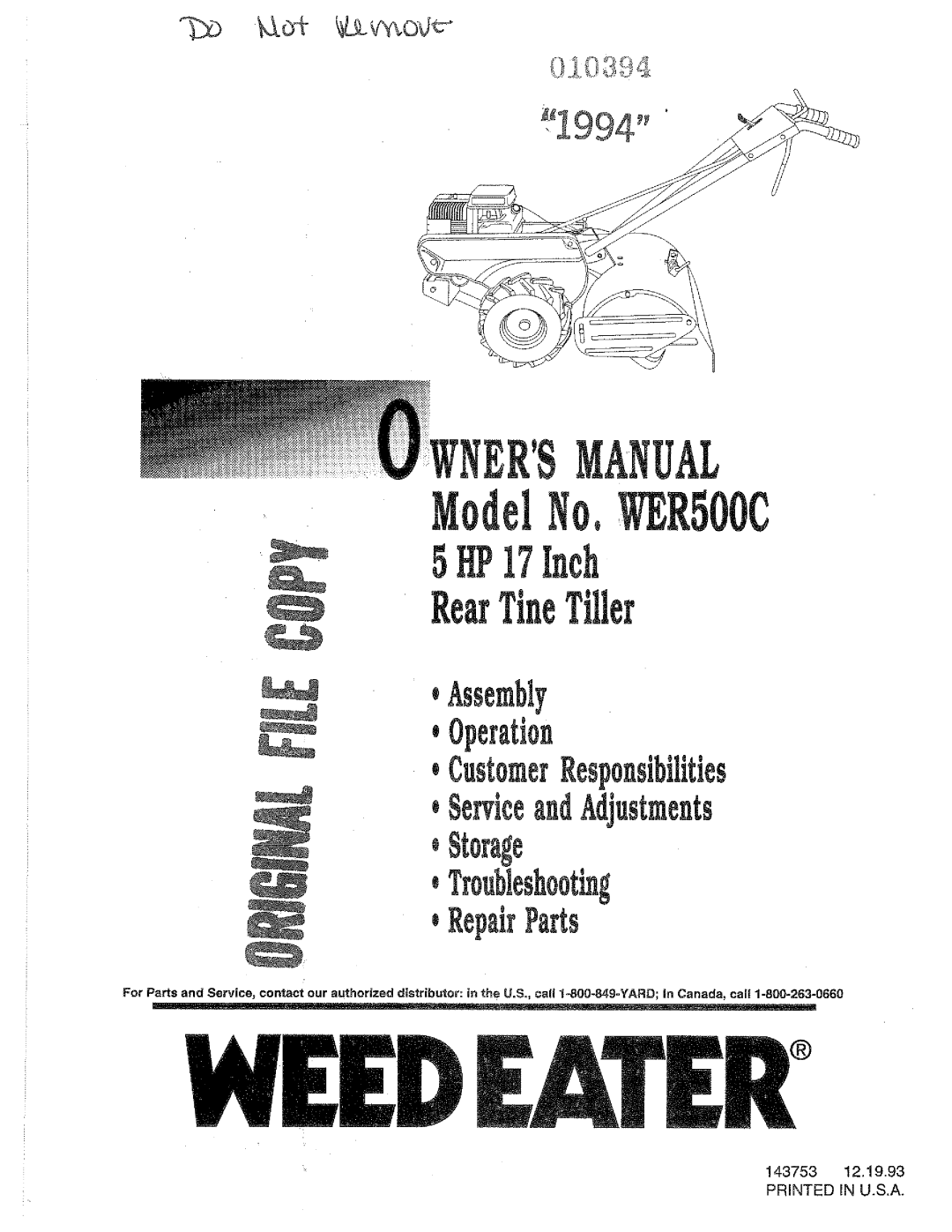 Weed Eater 143753, WER500C, 010394 manual 