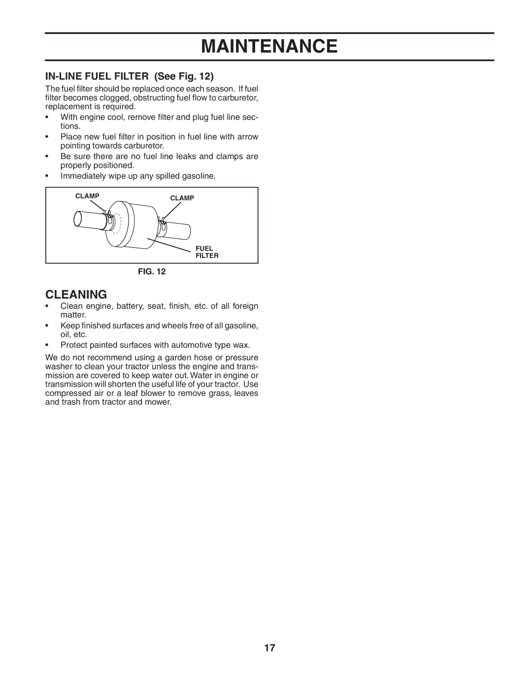 Weed Eater WET1742STA manual Cleaning, IN-LINE Fuel Filter See Fig 