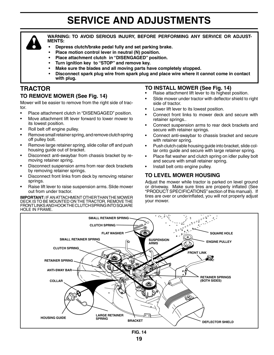 Weed Eater WET17H42STA Service and Adjustments, To Remove Mower See Fig, To Install Mower See Fig, To Level Mower Housing 