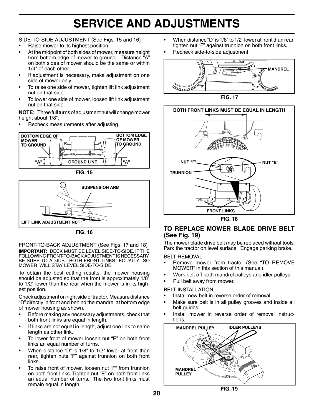 Weed Eater WET17H42STA manual To Replace Mower Blade Drive Belt See Fig, Belt Removal, Belt Installation 