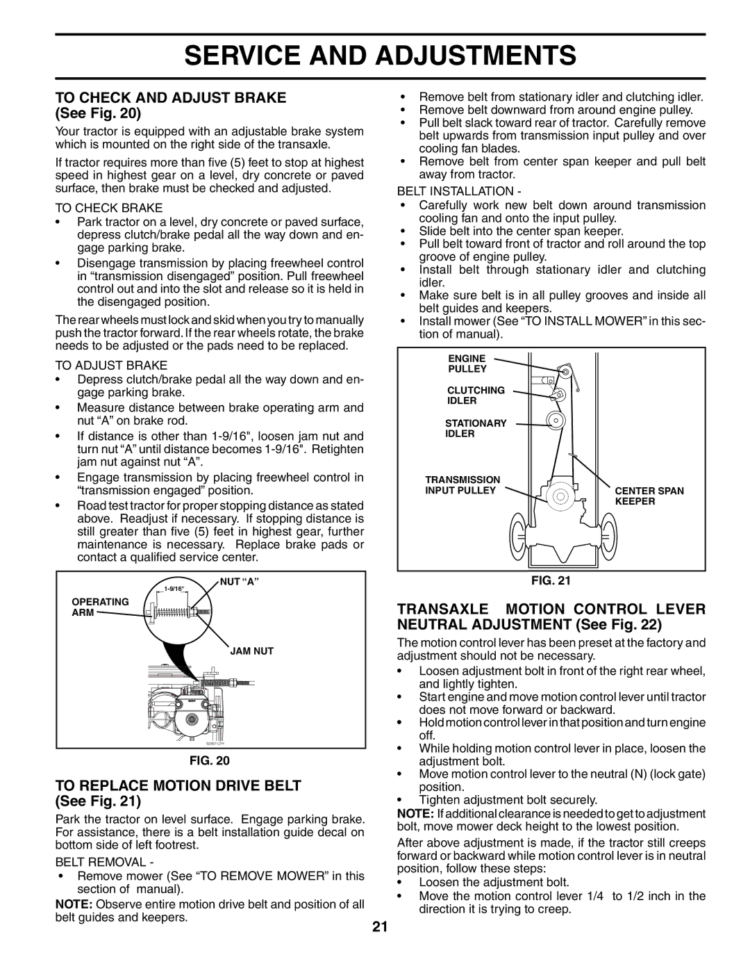 Weed Eater WET17H42STA manual To Check and Adjust Brake See Fig, To Replace Motion Drive Belt See Fig, To Check Brake 