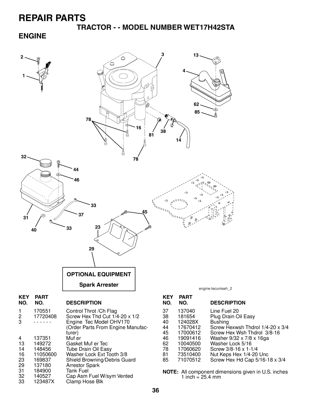 Weed Eater manual Tractor - Model Number WET17H42STA Engine, Optional Equipment 